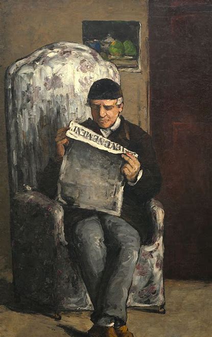 Ölgemälde von Paul Cézanne. Der Vater des Malers sitzt in einem großen Sessel und liest die Zeitung.