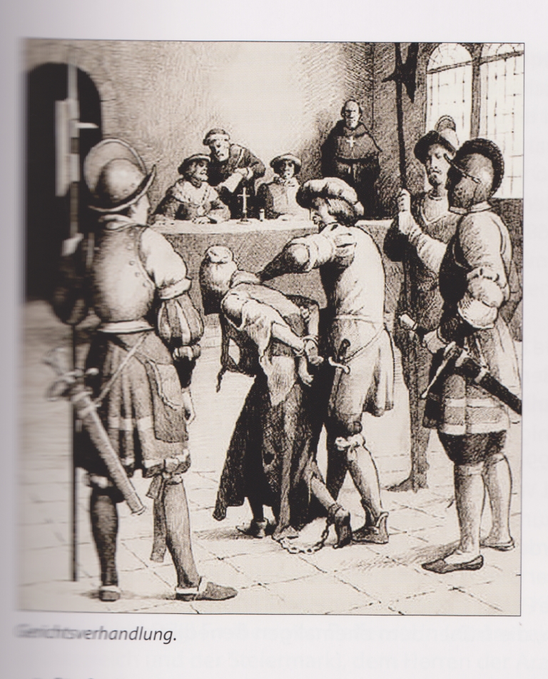 L'incisione mostra un processo al tempo della riforma. Una donna in catene viene condotta davanti ai giudici che siedono dietro a un tavolo con ecclesiastici alle spalle.