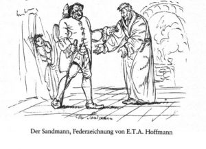 Federzeichnung von i E. T. A. Hoffmann, Autor der Erzählung "Der Sandmann". Der Sandmann kommt in der Wohnung an, der Hausherr begrüßt ihn, ein Kind versteckt sich hinter einen Vorhang. 