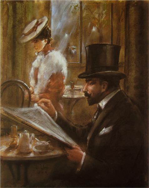 Il dipinto di Lesser Ury raffigura un uomo in primo piano, seduto al tavolino di un caffè intento a leggere il giornale. Nello sfondo una signora una signora elegante assorta nei suoi pensieri.