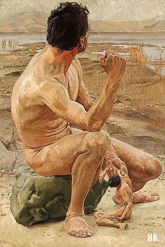 Ölgemälde von Otto Greiner. Der nackte Prometheus sitzt auf einem Stein. Er dreht dem Zuschauer den Rücken und hält eine kleine Menschenfigur in der Hand.  