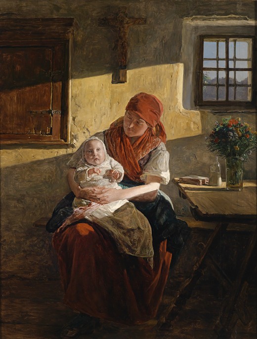 Ölgemälde von Ferdinand Georg Waldmüller. Eine einfache Frau hält ein Baby auf dem Schoß.