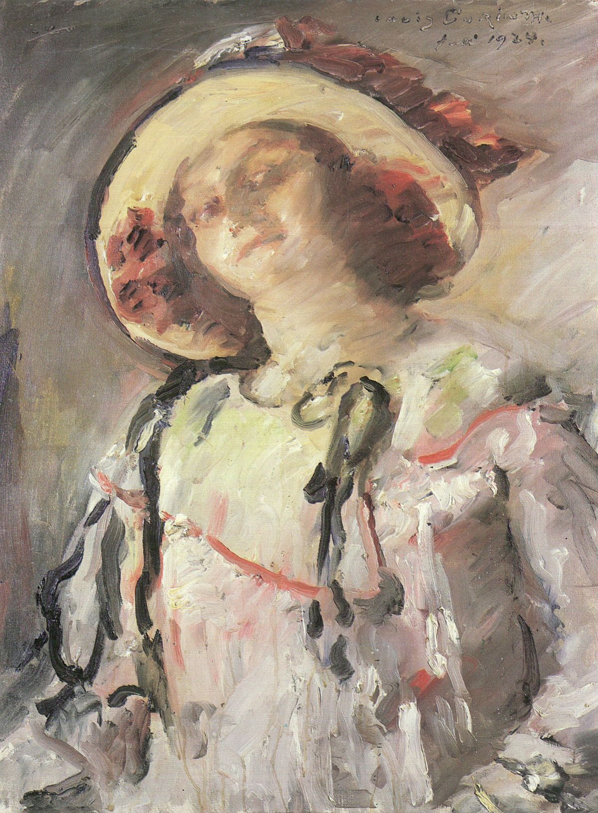 Il quadro ad olio di Lovis Corinth rappresenta una giovane donna sorridente con un cappello giallo.