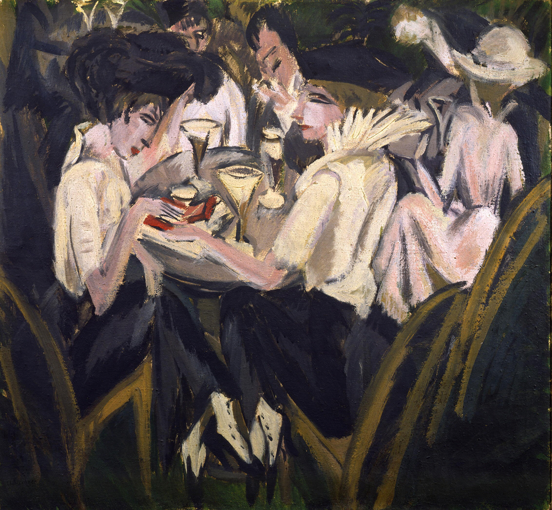 Quadro ad olio di Ernst Ludwig Kirchner. Signore sedute intorno a un tavolino in un caffè. Dietro a loro si intravedono due uomini. 