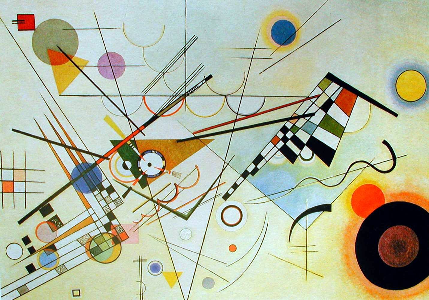 Ölgemälde von Wassily Kandinsky. Elementare geometrische Elemente (Kreise, Dreiecke, Quadrate, Linien) auf einer hellen Grundfläche. 