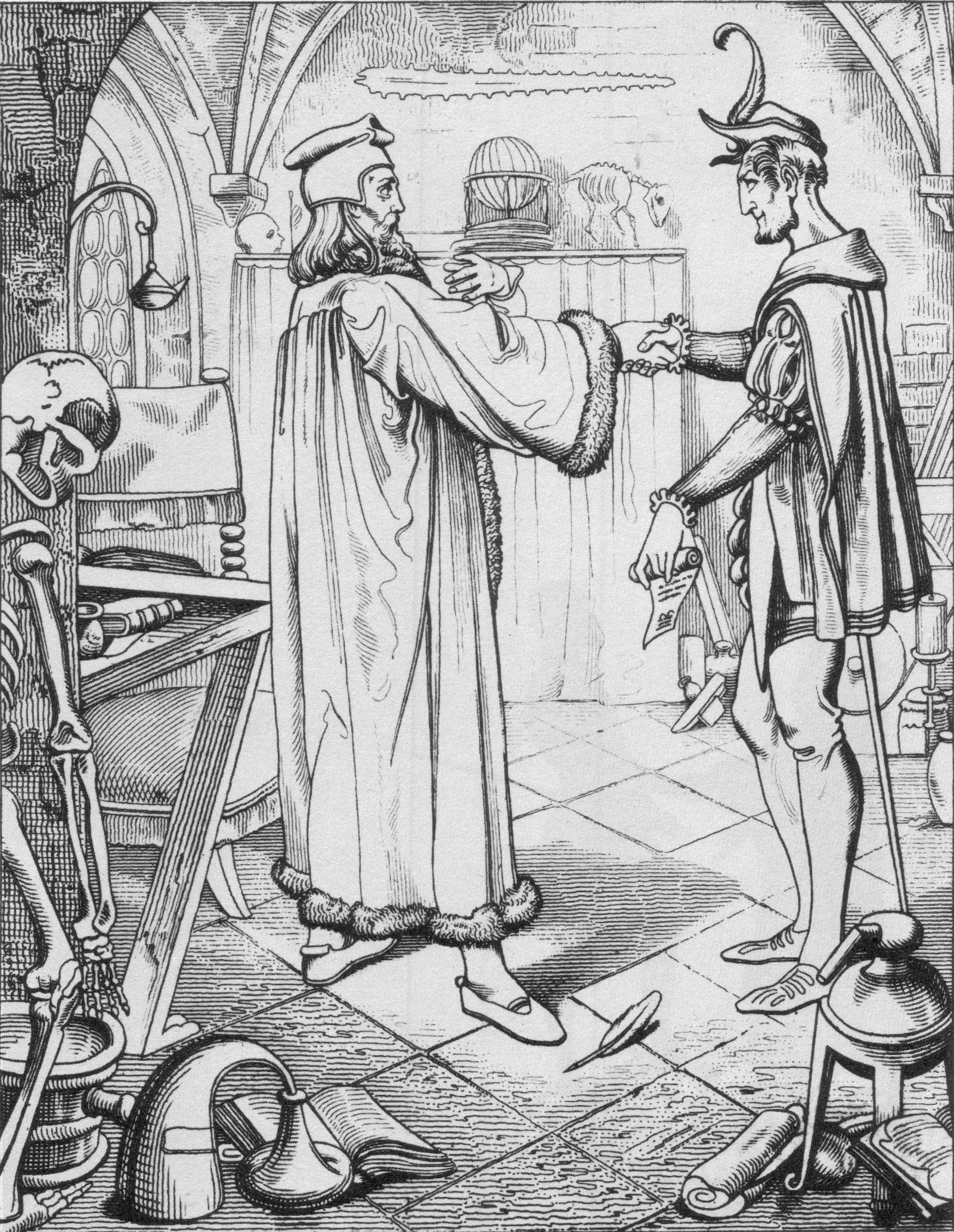 Il disegno di Julius Nils rappresenta Faust e Mephisto che si stringono la mano in uno studio con svariati oggetti.