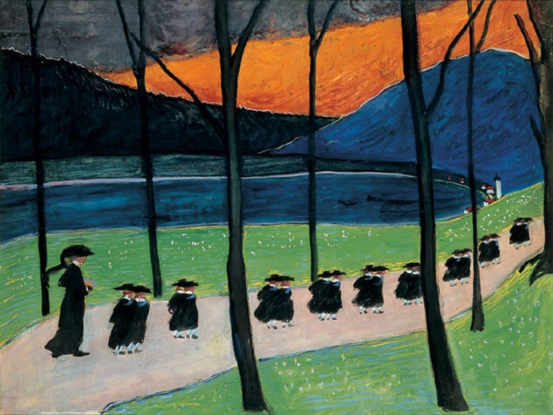 Ölgemälde von Marianne von Werefkin. Ein Geistlicher begleitet eine Reihe von Schülern in schwarzen Kitteln.