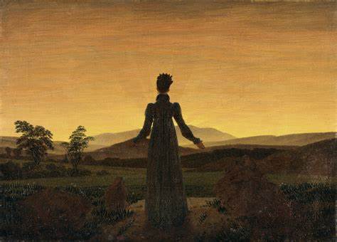 Ölgemälde von Caspar David Friedrich. Eine Frau betrachtet die Morgendämmerung in einer Gebirgslandschaft.