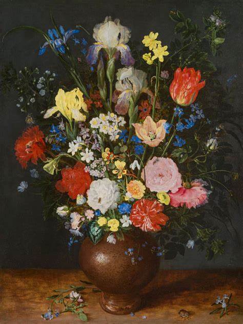 Il dipinto ad olio di Jan Bruegel il vecchio rappresenta un vaso con fiori diversi di svariati colori.