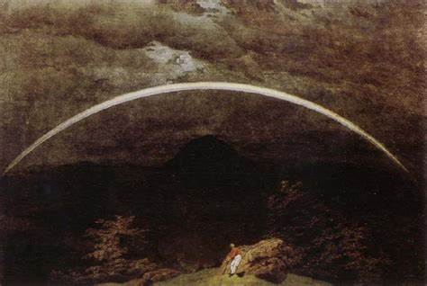 Ölgemälde von Caspar David Friedrich. Berglandschaft umit einem großen Regenbogen. EIne kleine Menschenfigur lehnt sich an einen Stein.