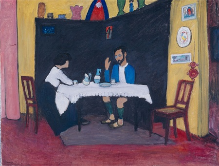 Ölgemälde von Gabrie Münter. Mann und Frau sitzen einander gegenüber an einem Tisch.