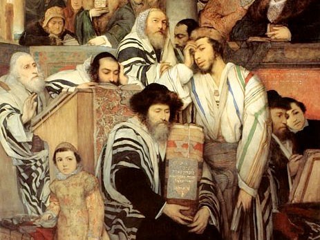 Ölgemälde von Maurycy Gottlieb. Eine Gruppe von Juden ist in der Synagoge versammelt. 