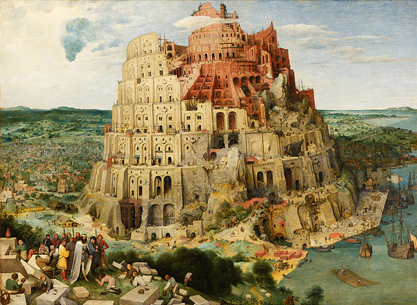 Im Ölgemälde von Pieter Bruegel der Ältere ist ein großer Turm darestellt, an dem kleine Menschen bauen. 