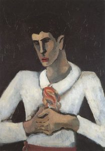 Ölgemälde von Helmut Kolle. Porträt eines jungen Mannes in weißem Hemd mit buntem Halstuch.