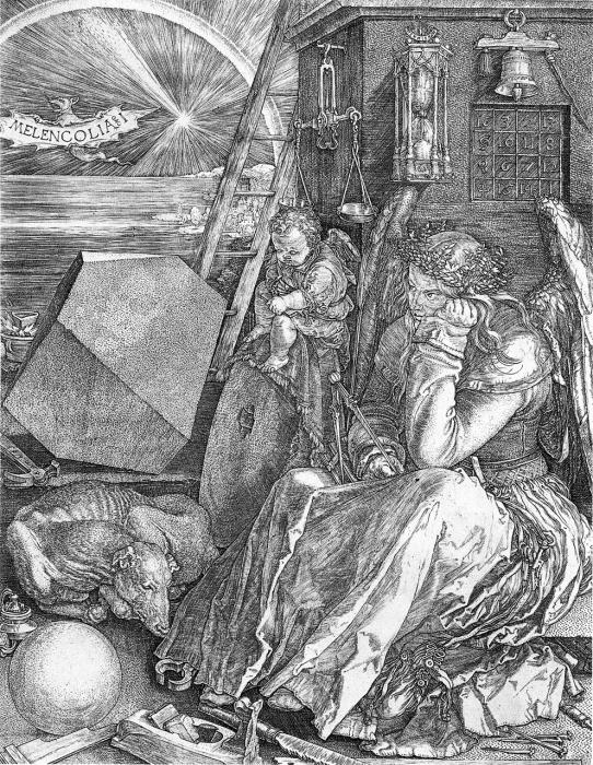 Stich von Albrecht Dürer.  Eine bekleidete, geflügelte, Frauengestalt sitzt in Gedanken versunken auf einer Stufe.  Geometrische Elemente und ein Hund ergänzen das Bild.