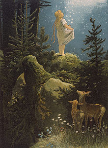 Nächtliche Szene im Wald. Ein kleines Mädchen fängt mit ihrem leichten Kleidchen die Sterne auf, die vom Himmel auf sie zufallen. 