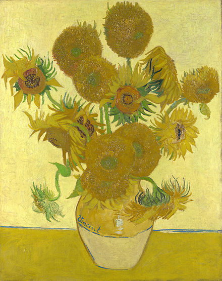 Ölgemälde van Gogh. Gelbe Tonvase mit gelben Sonnenblumen auf gelbem Hintergrund. 