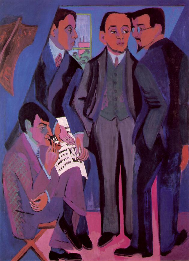 Beinahe monochromatisches blaues Ölgemälde von Ernst Ludwig Kirchner.  Drei Männer stehen und einer sitzt auf einem Hocker. 