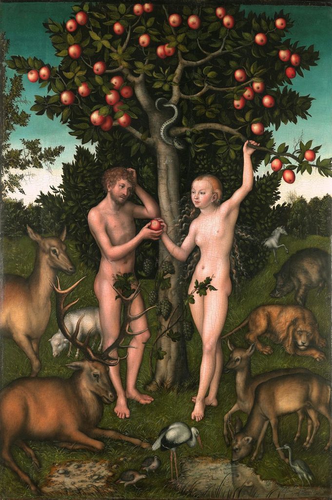 Ölgemälde von Lucas Cranach der Ältere. Adam und Eva im Paradies. Eva reicht Adam den Apfel. Im Vordergrund ruhige Wildtiere. 