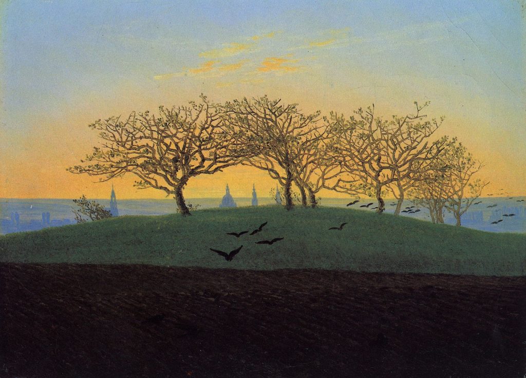 Ölgemälde von Caspar David Friedrich. EIn Hügel mit Gras, Bäumen und Bruchacker. Im Himmel Wolken und fliegende Vögel. 